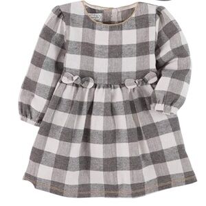 MUD PIE Gray Buffalo Check Flannel Long Sleeve Dress with Bows Gold Trim 9-12 mo